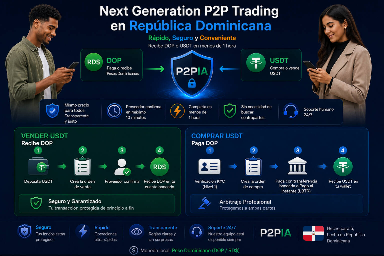 Mecanismo entre pares (P2P) para la compraventa de USDT frente a DOP (RD$).