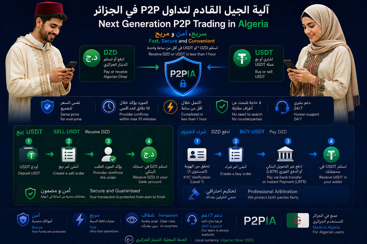 كيفية عمل التداول الآمن من نظير إلى نظير (P2P) للدينار الجزائري وعملة USDT