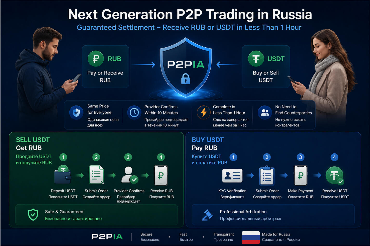 Механизм и логика обеспечения безопасности и скорости P2P-обмена рубля на USDT в России.